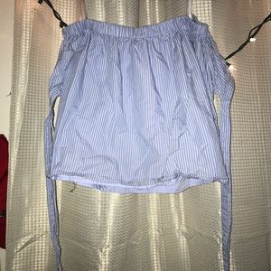 Off the shoulder blue and white striped crop top